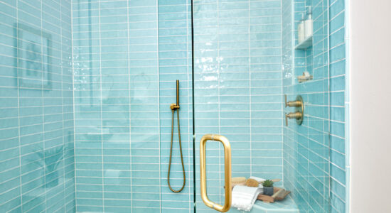 Lewis Guest Bath with beautiful aqua glass tile