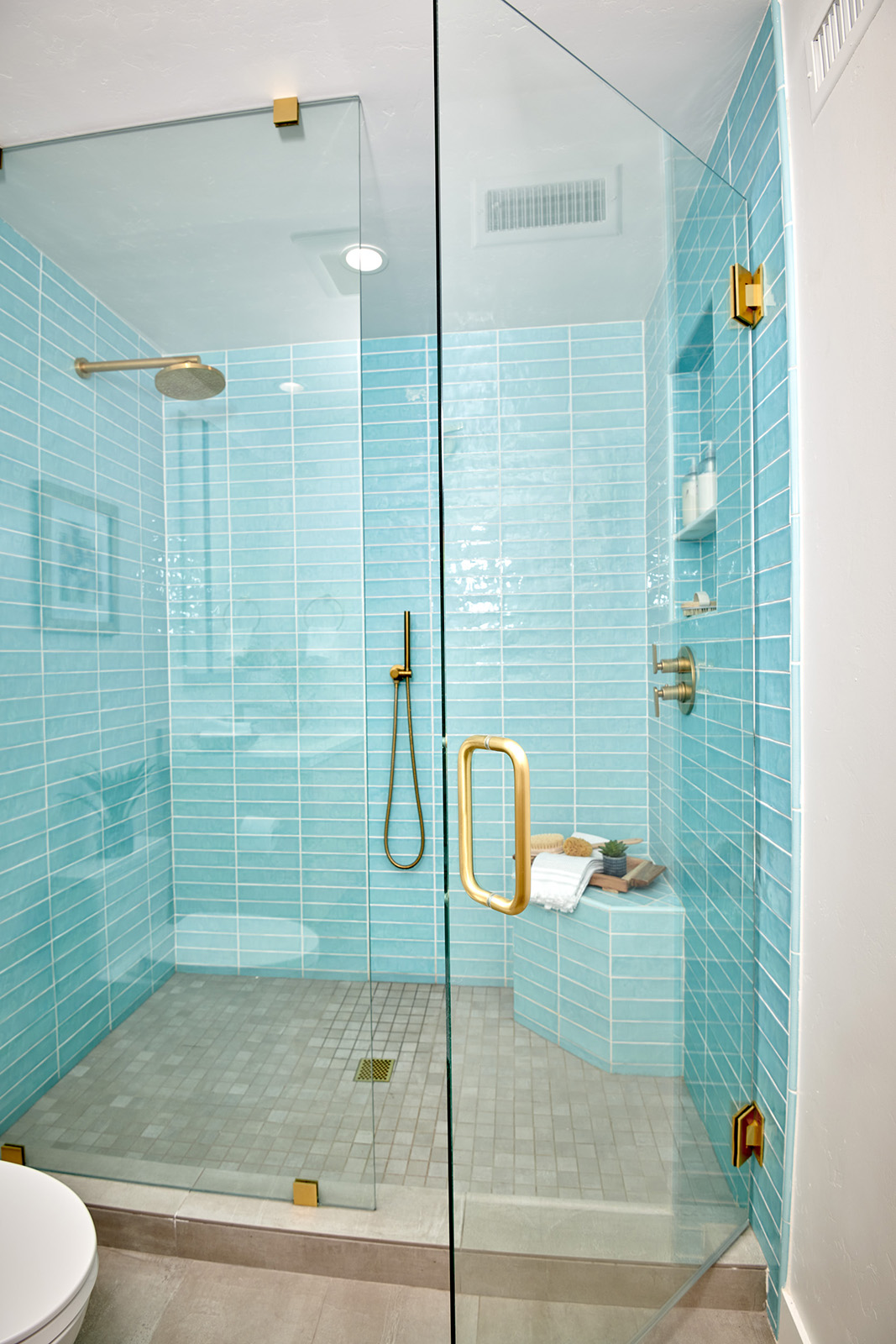 Lewis Guest Bath with beautiful aqua glass tile