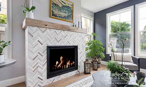 Beautiful white and natural herringbone fireplace