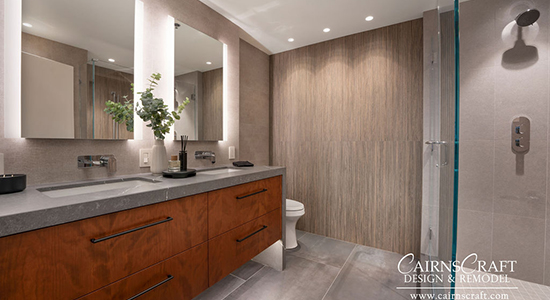 Beautiful wood and tile primary bathroom